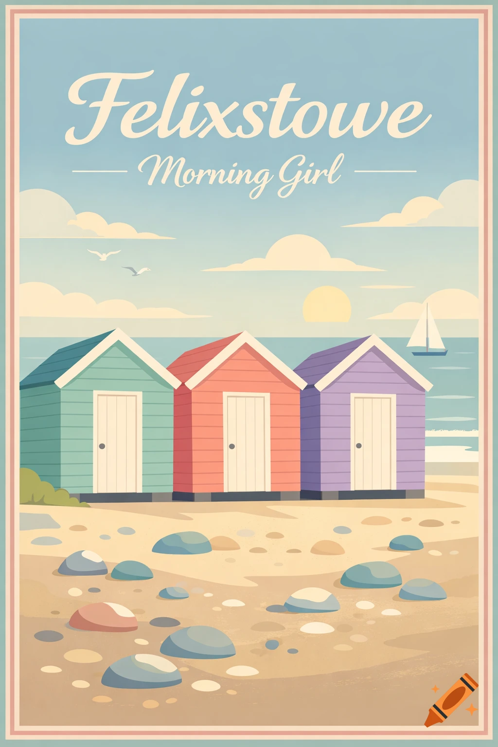 A 2D flat graphic travel poster with pastel-colored beach huts on a sandy beach with pebbles, a sailboat, and text "Felixstowe Morning Girl".