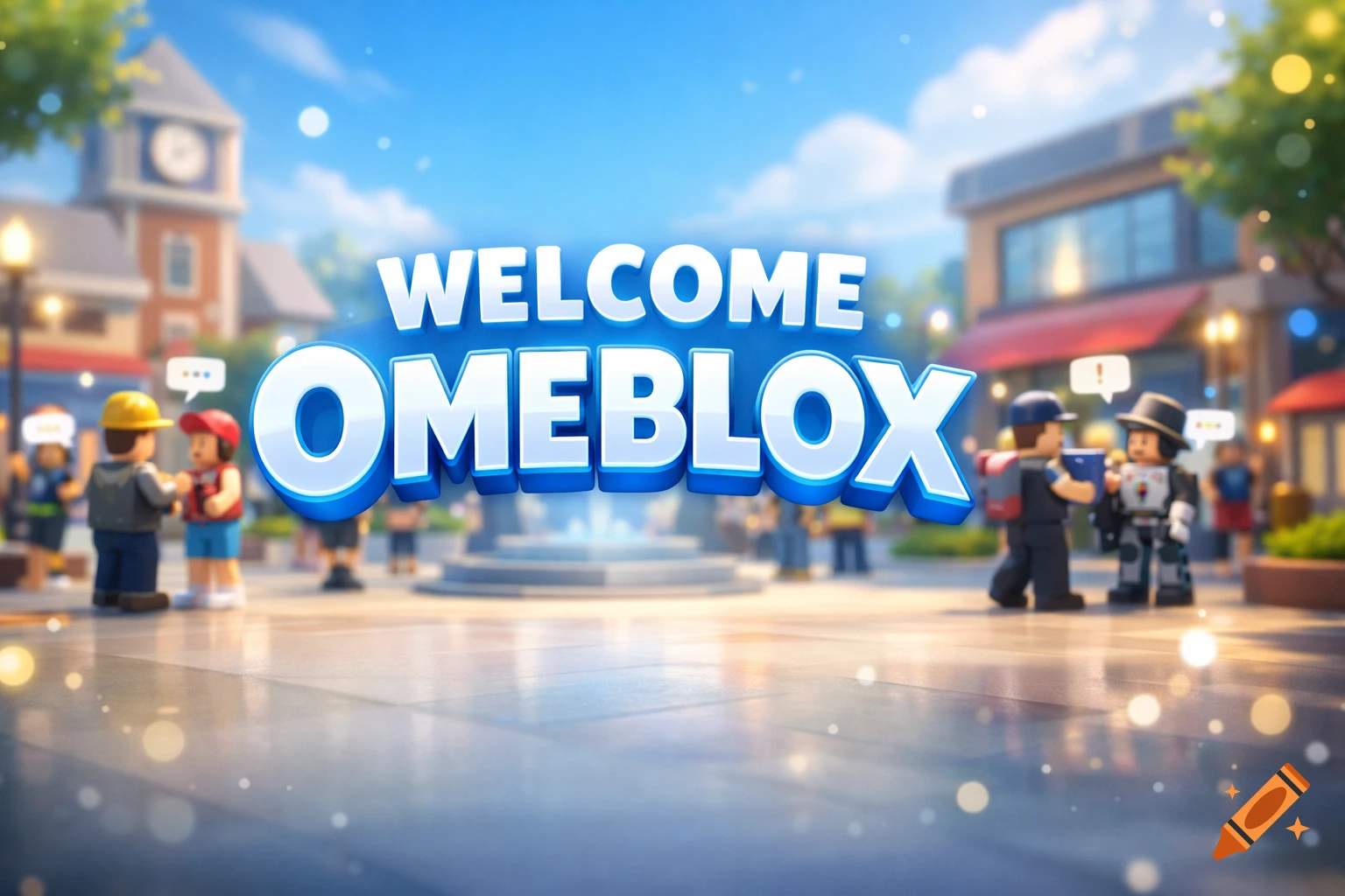 A 3D rendered splash screen welcoming "OMEBLOX" in a stylized town square with blocky characters.
