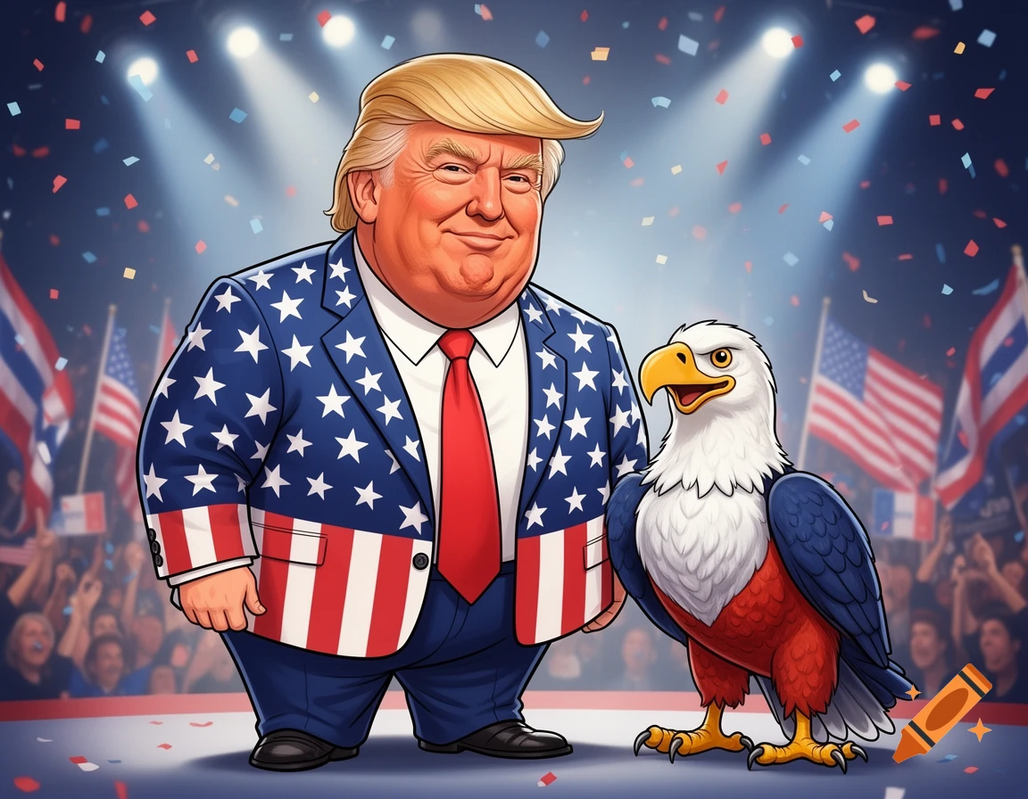 Cartoon of Donald Trump in an American flag suit with a bald eagle at a patriotic rally, confetti falling.