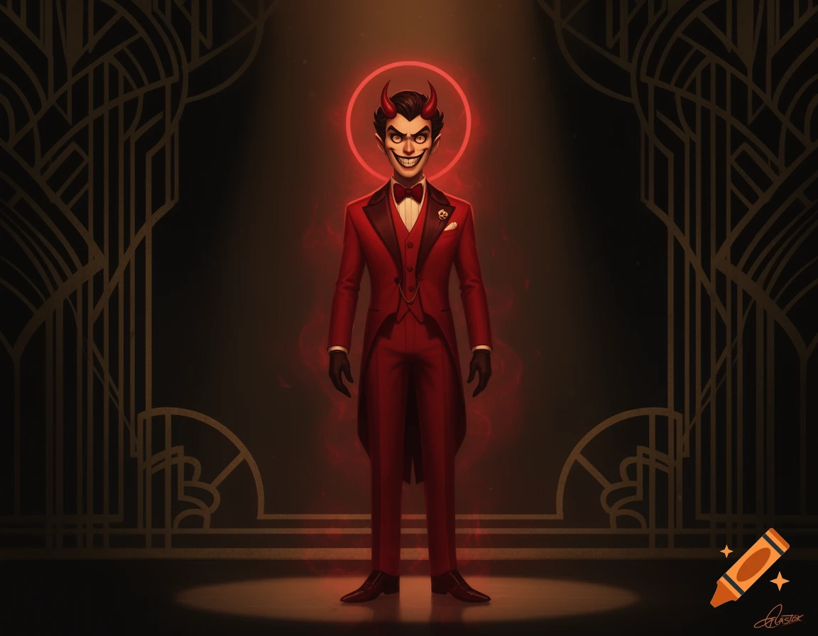 A stylized cartoon demon with red skin, horns, and a menacing smile, wearing a red tuxedo in a spotlight with an art deco background.