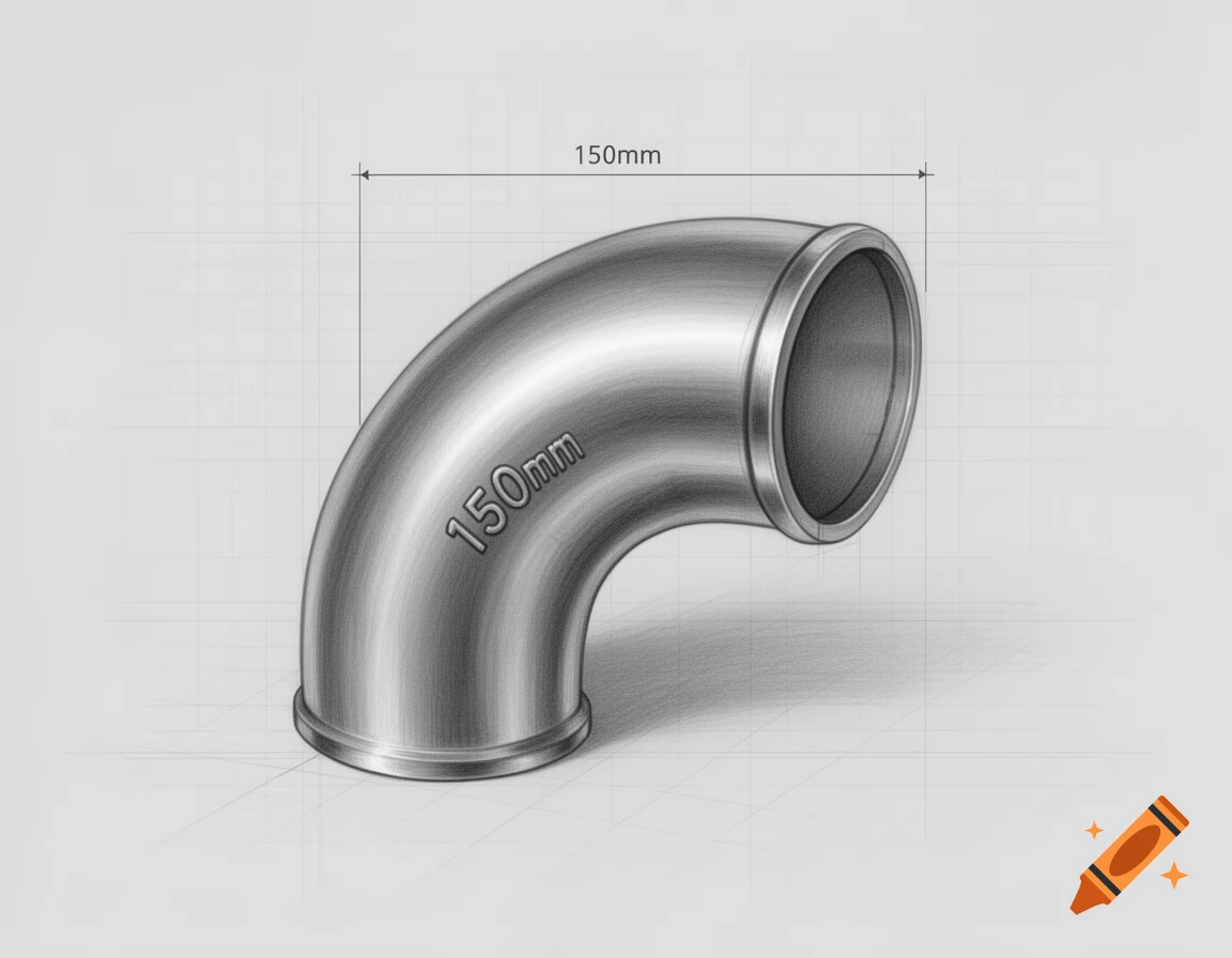 Oblique technical drawing of a metal elbow pipe, inscribed with '150mm' and showing a 150mm dimension.