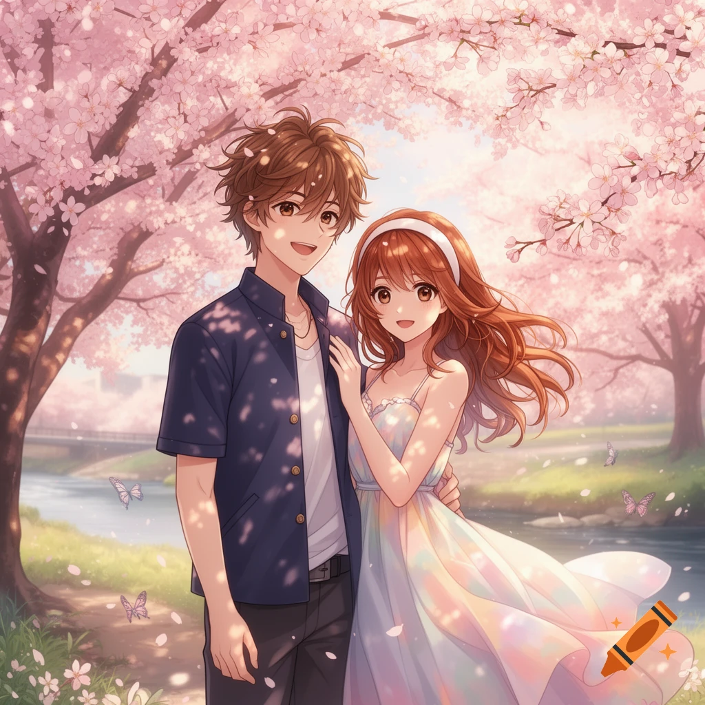 A smiling anime couple embraces under pink cherry blossom trees in a ...