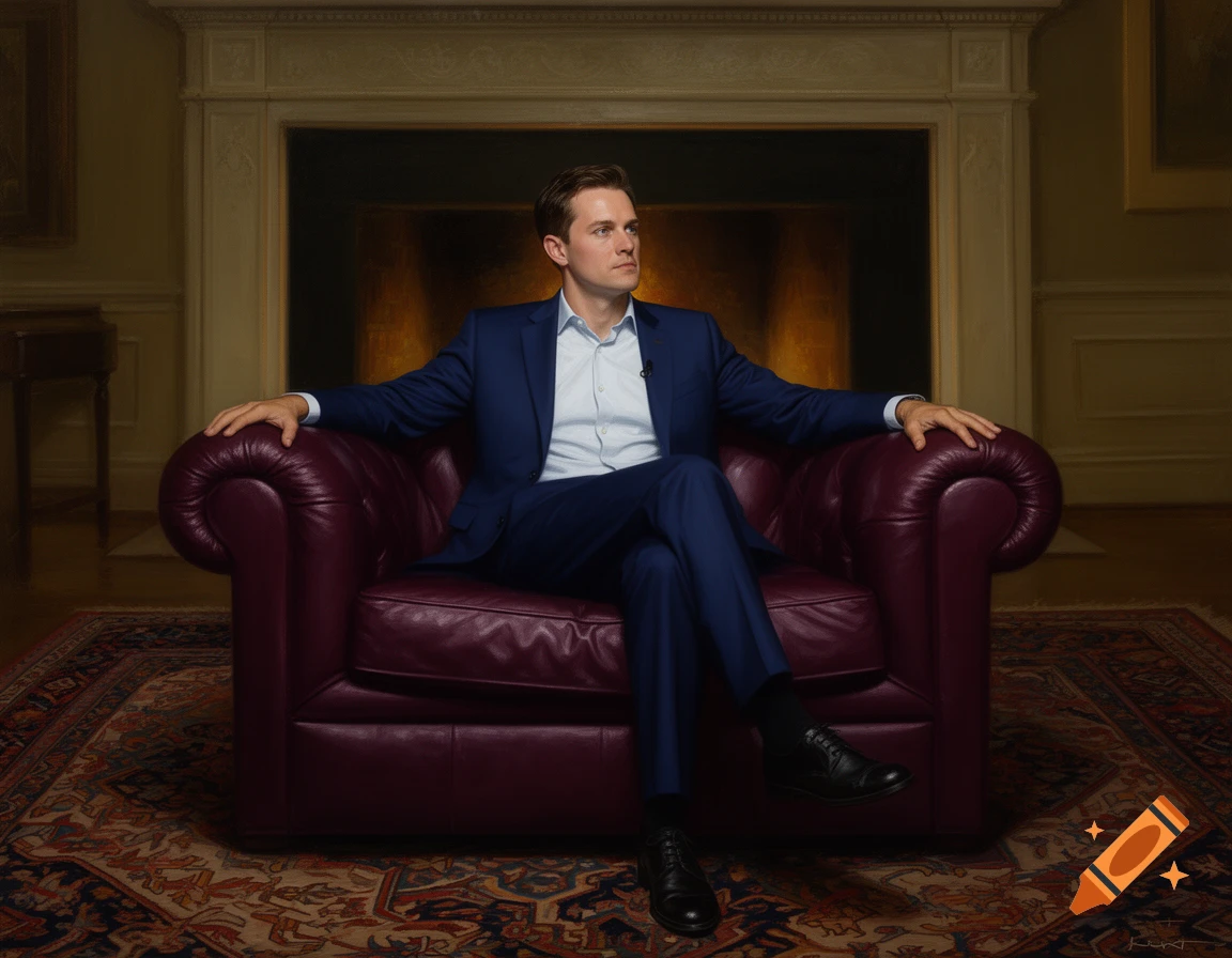 A man in a blue suit sits on a burgundy leather armchair in a formal room with a fireplace and patterned rug, looking right.