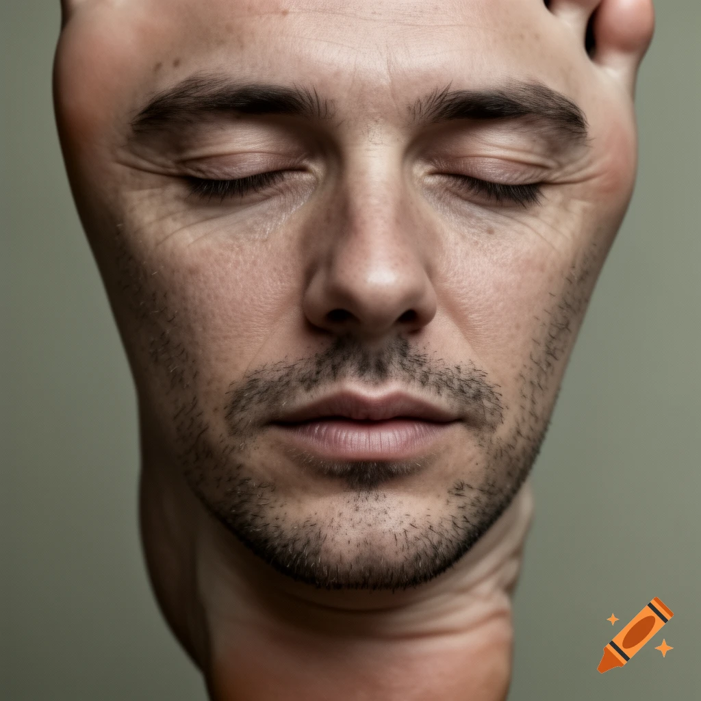 Photorealistic close-up of a human face with closed eyes and stubble, seamlessly integrated into the shape of a human foot's heel.