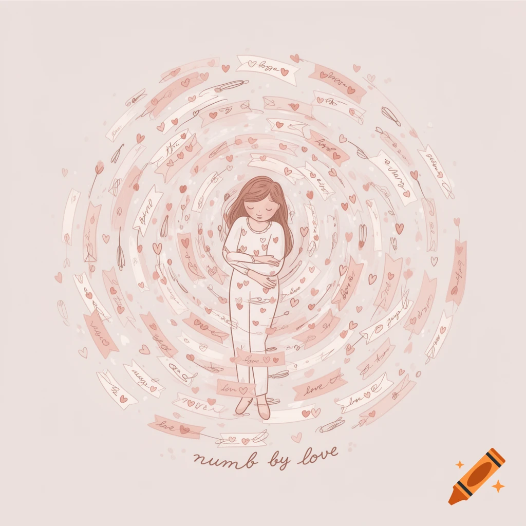 A stylized illustration of a woman with closed eyes and crossed arms, surrounded by a swirling pattern of hearts and the text "numb by love" at the bottom.