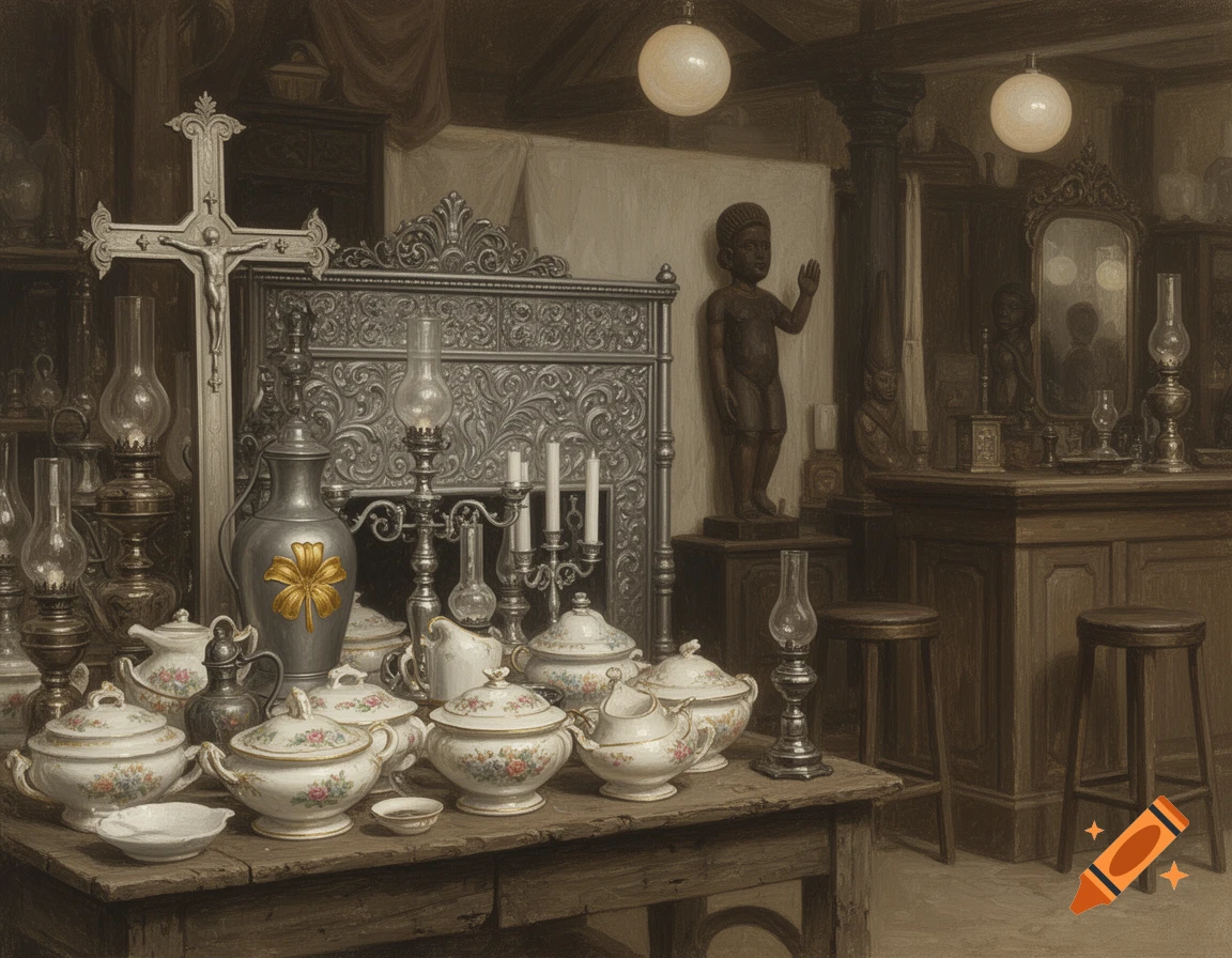 An antique shop scene with various items on a wooden table, including porcelain tureens, oil lamps, a crucifix, and a pewter carafe with a golden flower. In the background, there's an ornate screen, a wooden statue, and a bar area with a mirror.