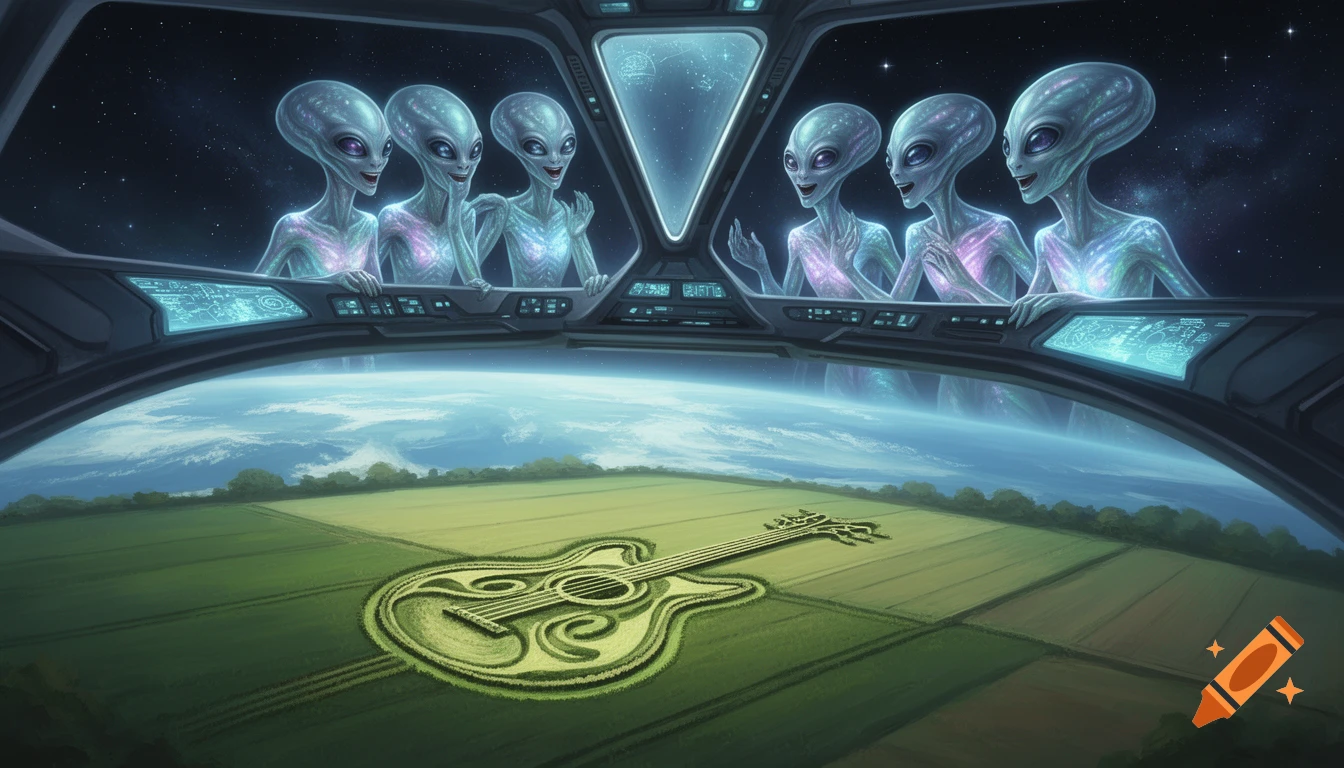 Six grey aliens in a spaceship cockpit look down at Earth, where a large guitar-shaped crop circle is visible on green fields.
