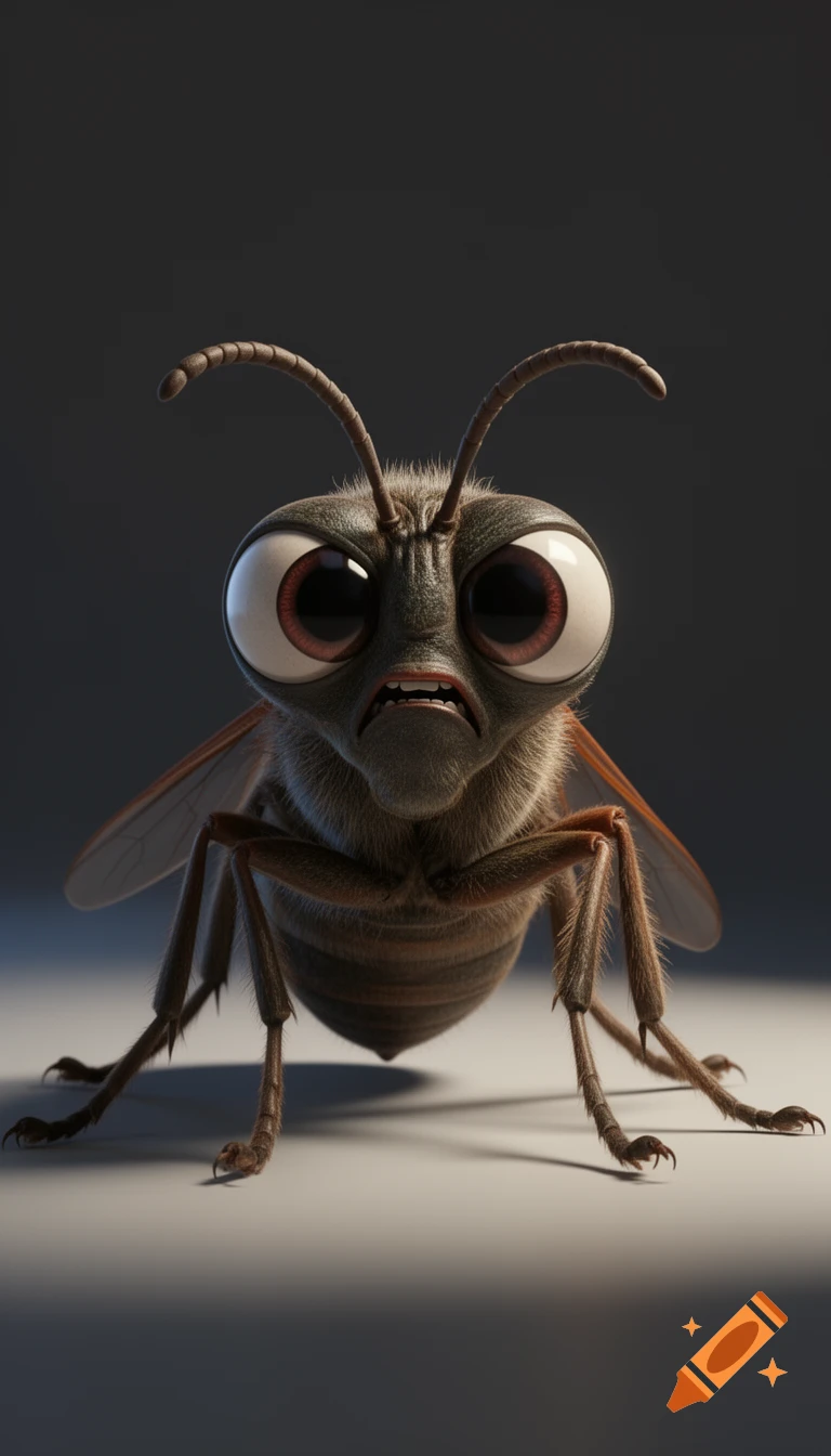 A highly detailed 3D cinematic render of an angry, furry brown cartoon insect with big white and red eyes and an exaggerated face.