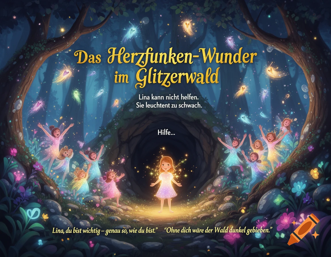 A glowing magical forest scene with a small fairy girl in a light purple dress standing on a luminous path, surrounded by other fairies and glowing creatures, with a dark cave in the background. The scene includes several lines of German text.