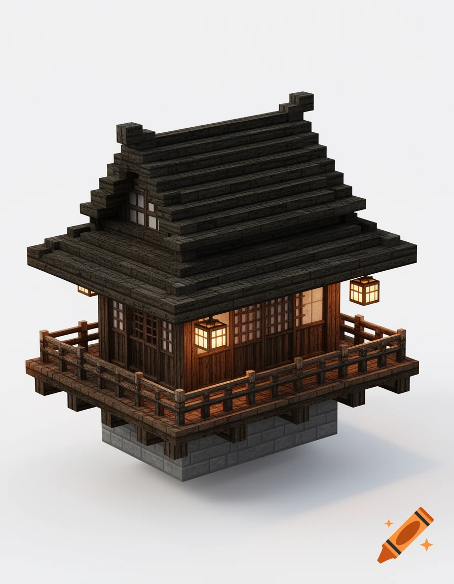 A blocky Japanese-style wooden house with a tiered pagoda roof, balcony, and glowing lanterns, floating on a white background.