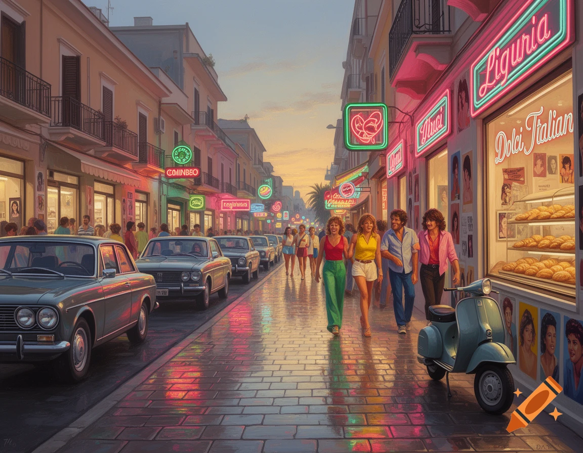 A retro 1980s street scene at dusk, with people walking on a wet cobblestone street lined with buildings, classic cars, a scooter, and glowing neon signs reflecting in puddles.