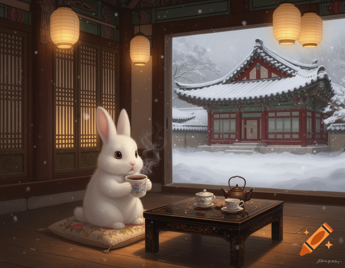 A cute white rabbit sits on a cushion, drinking from a steaming cup in a traditional Korean house (hanok) with a snowy winter landscape visible outside.