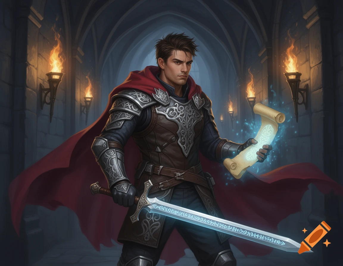 A man in ornate fantasy armor and a red cape holds a glowing scroll and ...