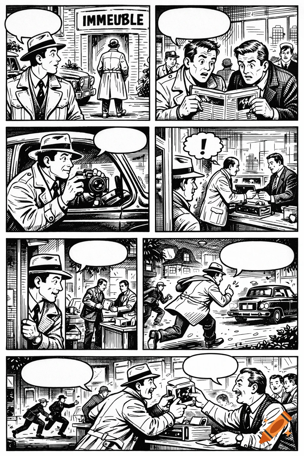 A black and white multi-panel comic strip depicts a detective investigating, taking photos, and engaging in a street chase, in a classic line art style.