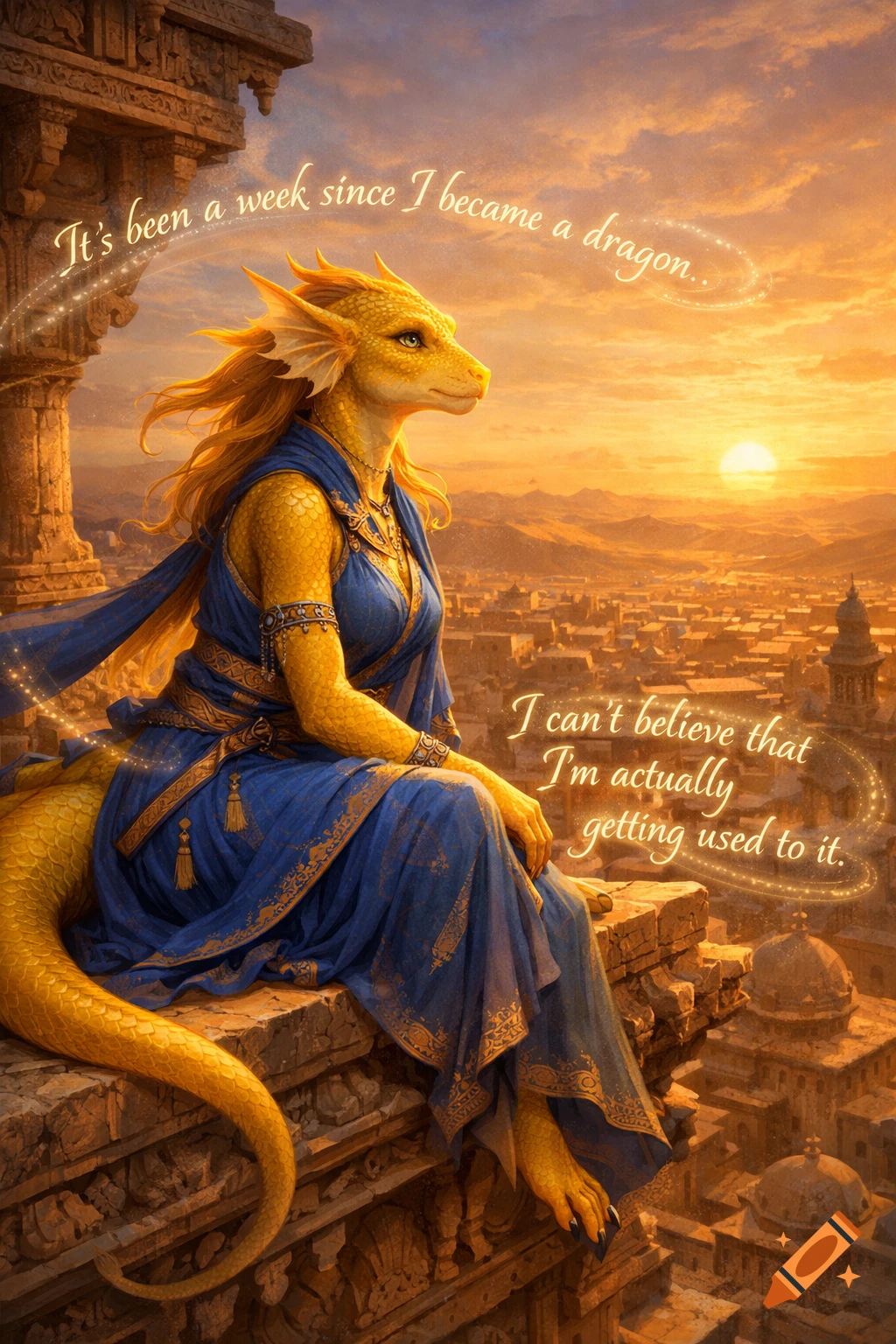 An anthropomorphic yellow dragon woman in elaborate blue and gold ...