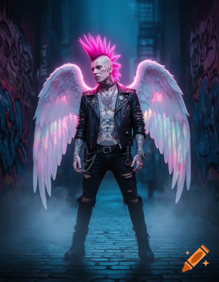 A punk man with a neon pink mohawk, elaborate tattoos, piercings, a leather jacket, and glowing white angel wings stands in a misty, graffiti-covered alley.