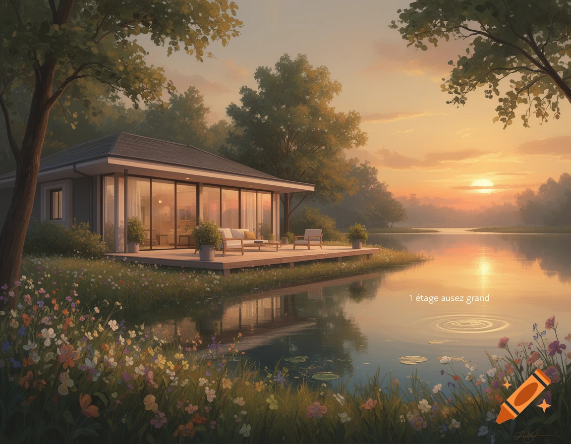 A modern house with large windows sits by a serene lake surrounded by ...