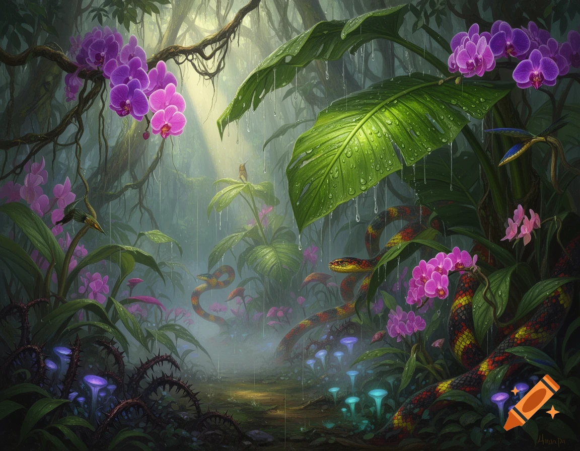Lush rainforest with purple orchids, colorful snakes, glowing blue mushrooms, and small birds, under gentle rain. Digital painting style.