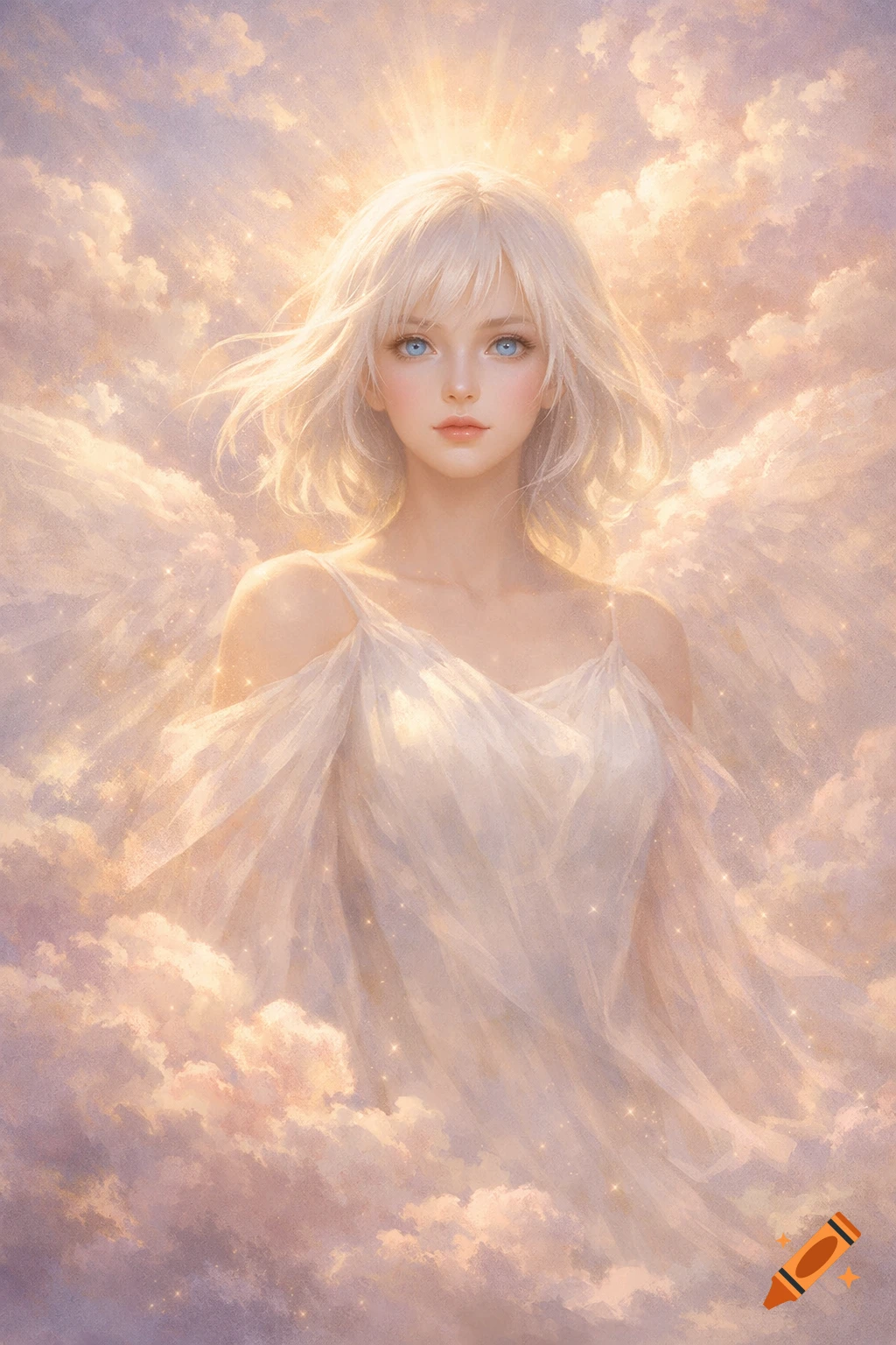 Digital painting of an angelic woman with pale blonde hair and blue eyes, wearing a white flowing dress amidst glowing clouds and ethereal light.