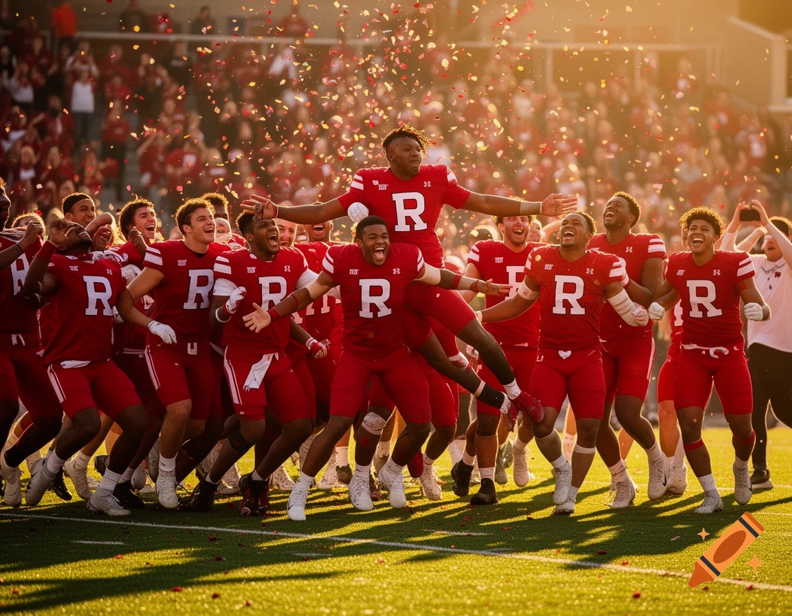 Photorealistic image of Rutgers football players celebrating on a field as confetti falls around them.