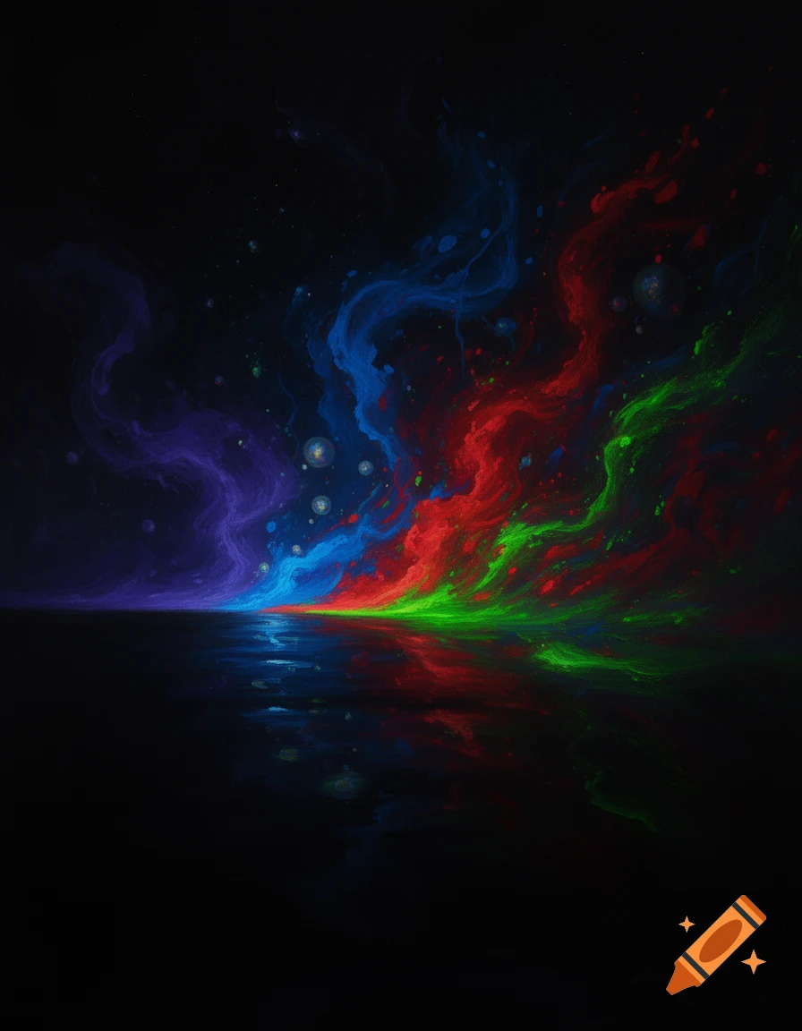 Abstract colorful glowing clouds of red, blue, green, and purple swirl above a dark reflective water surface, resembling a cosmic ocean.
