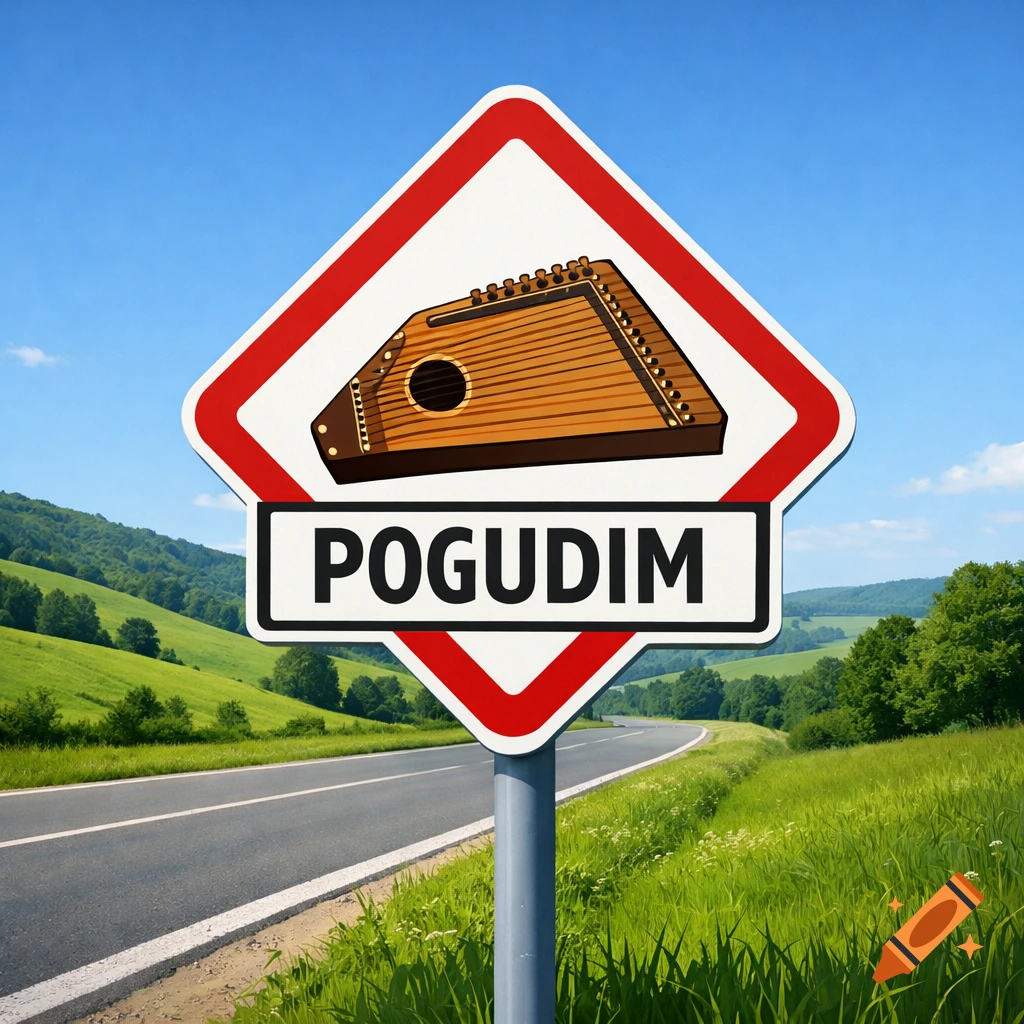 A road sign with a gusli musical instrument and the word POGUDIM, standing on the side of a rural road with green hills under a blue sky.