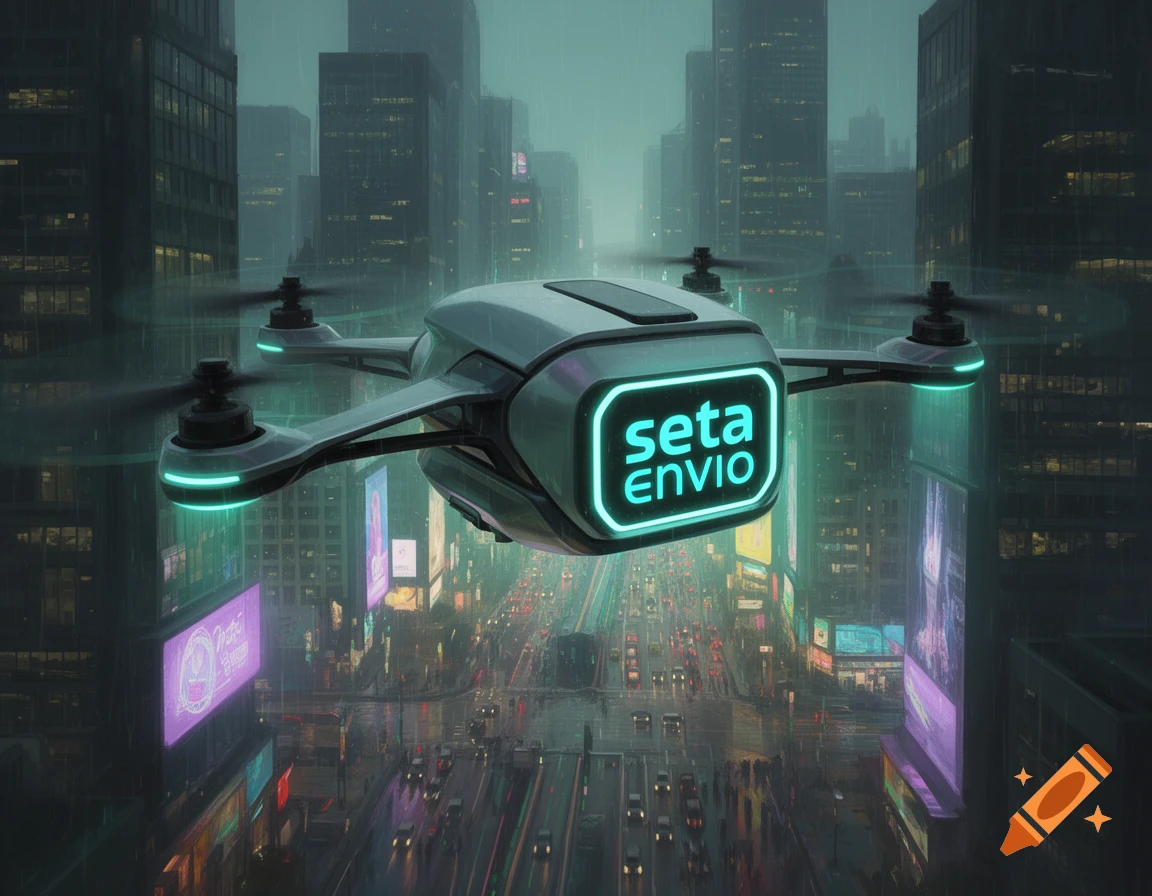 A futuristic drone with glowing 'seta ENVIO' text flies over a rainy, neon-lit city street at night.