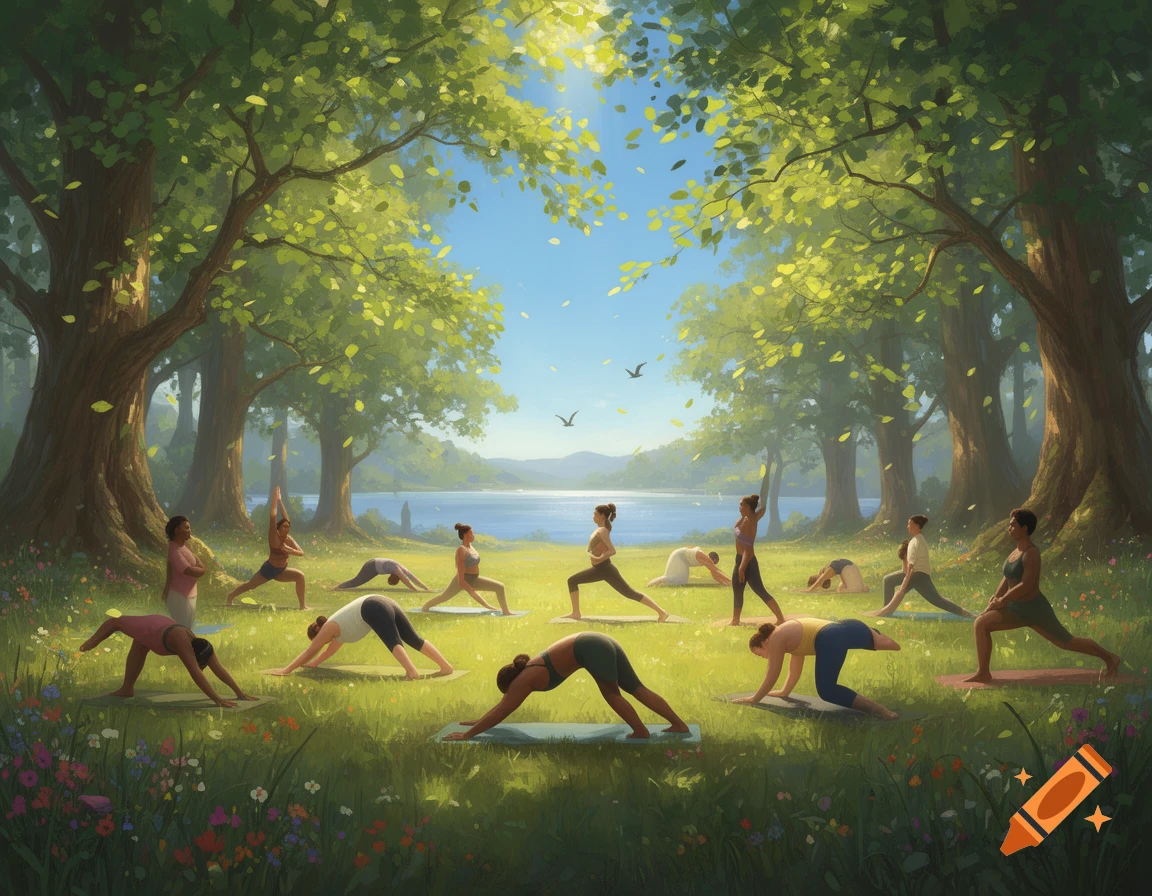 Many people doing yoga outdoors in a sunny green meadow with large trees and a lake in the background, painterly style.