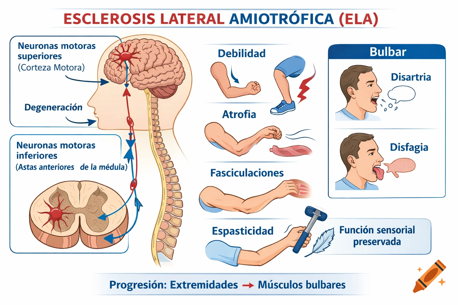 Medical infographic explaining Amyotrophic Lateral Sclerosis (ALS), with diagrams of motor neuron degeneration in the brain and spinal cord, and symptom illustrations.
