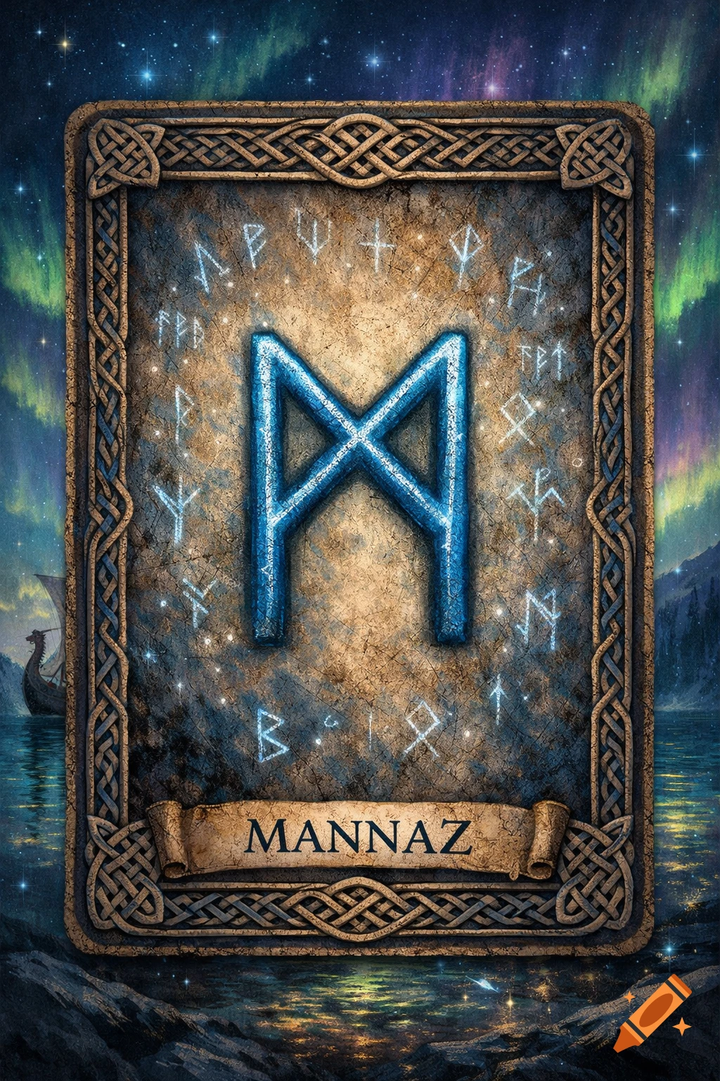 Fantasy oracle card for Mannaz, with a glowing blue Mannaz rune, other runes, and "MANNAZ" text on a scroll. A starry aurora borealis sky and Viking ship are in the background.