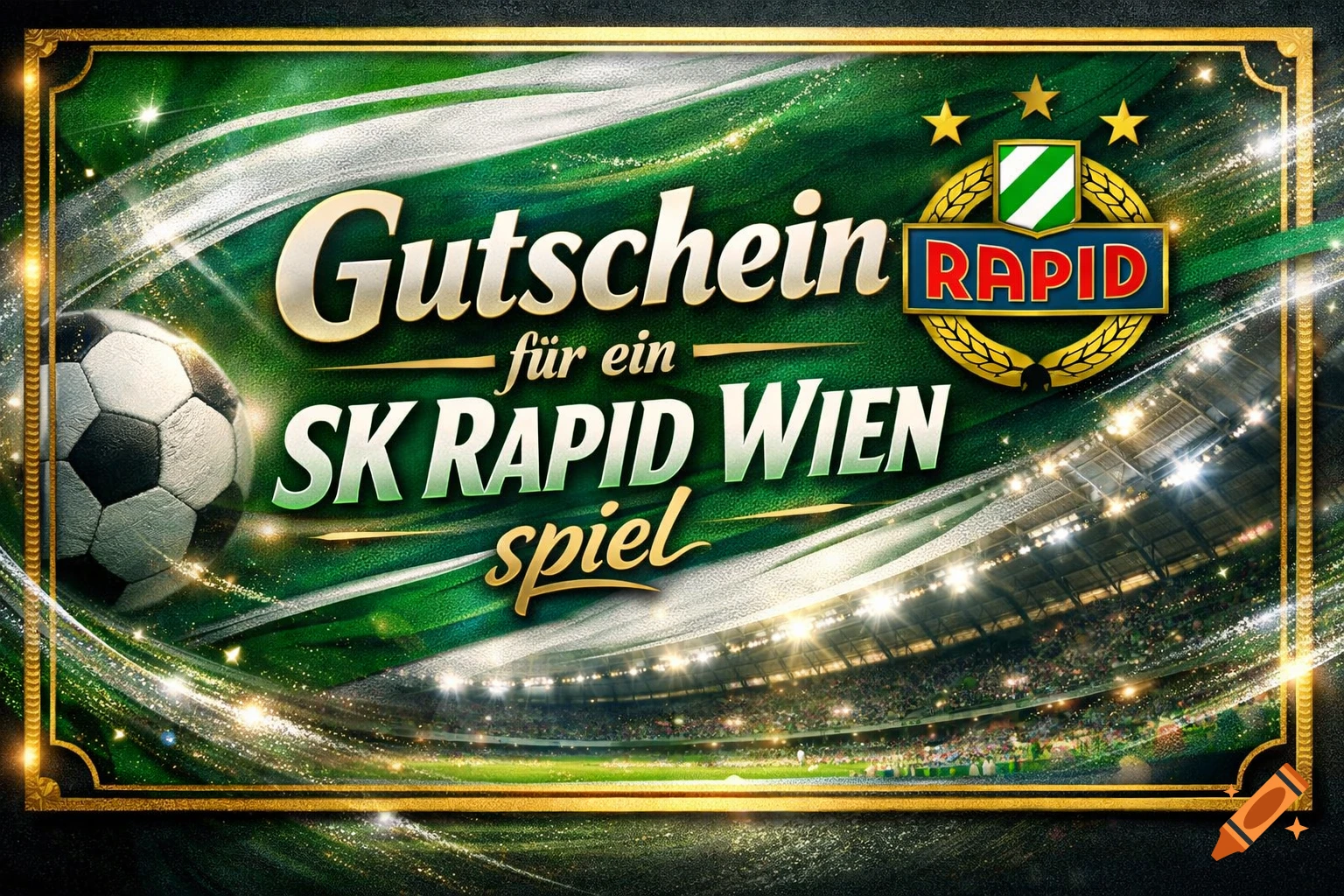 A vibrant green and gold football voucher featuring a soccer ball, stadium lights, and text "Gutschein f R ein SK Rapid Wien spiel".