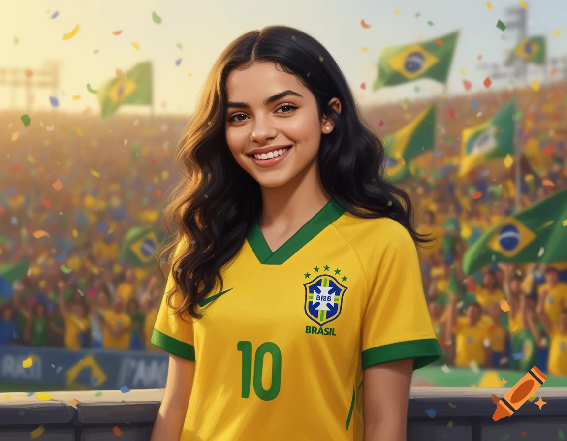 Smiling woman with long dark hair wearing a yellow Brazil soccer jersey with number 10, standing in a stadium with confetti and Brazilian flags.