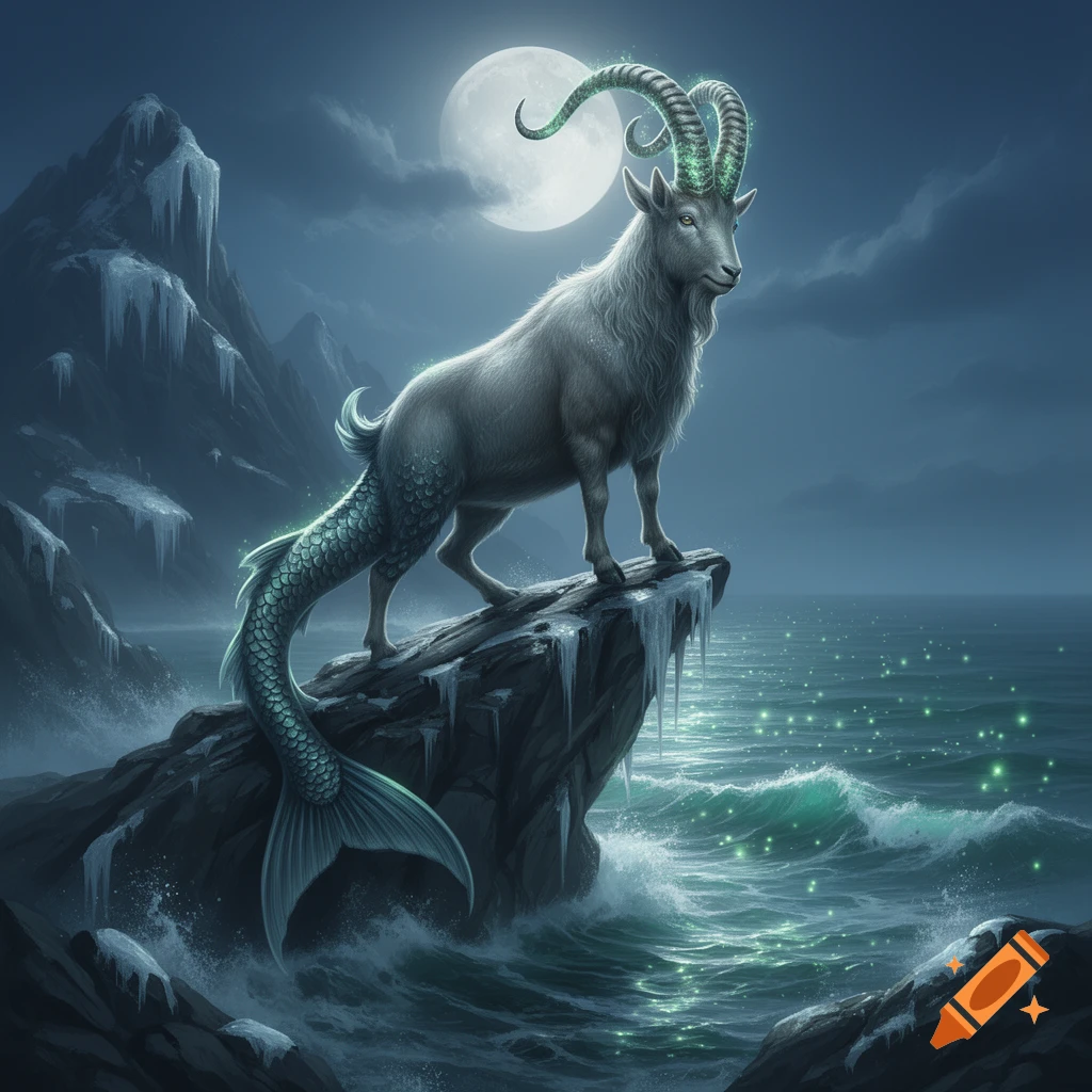 A fantasy sea-goat (Capricorn) with glowing horns stands on an icy rock overlooking a mystical, glowing ocean under a full moon.