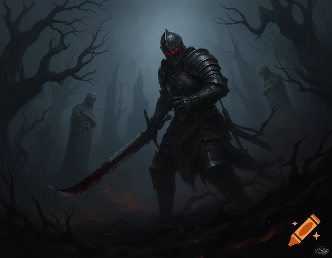 A dark armored knight with glowing red eyes stands in a misty, dark ...