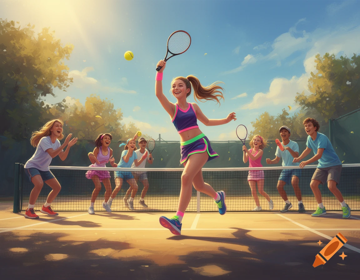 Teenagers playing tennis on an outdoor court under a sunny sky.
