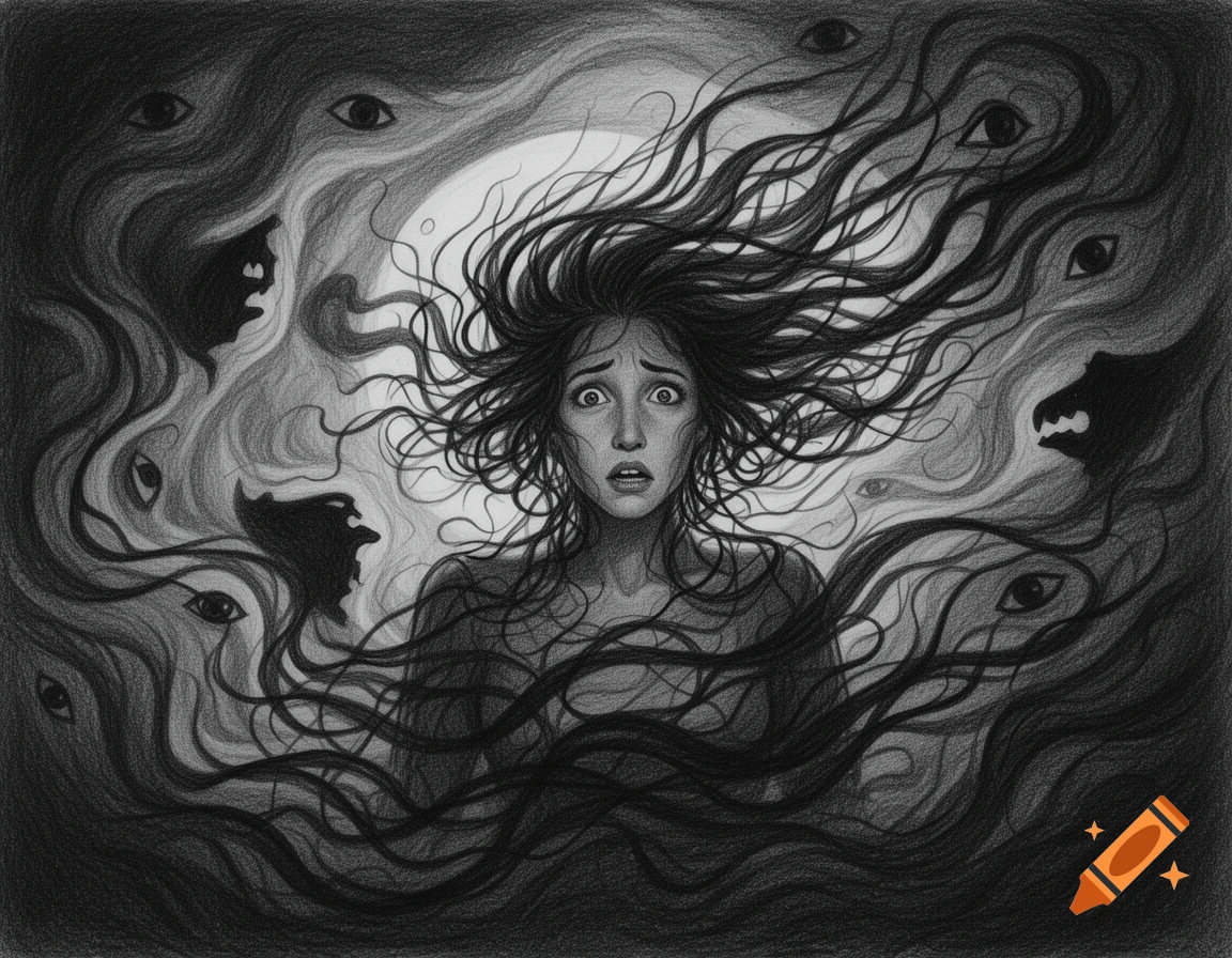 Pencil drawing of a terrified woman with wild hair, surrounded by swirling dark shadows, eyes, and monstrous faces, symbolizing fear.