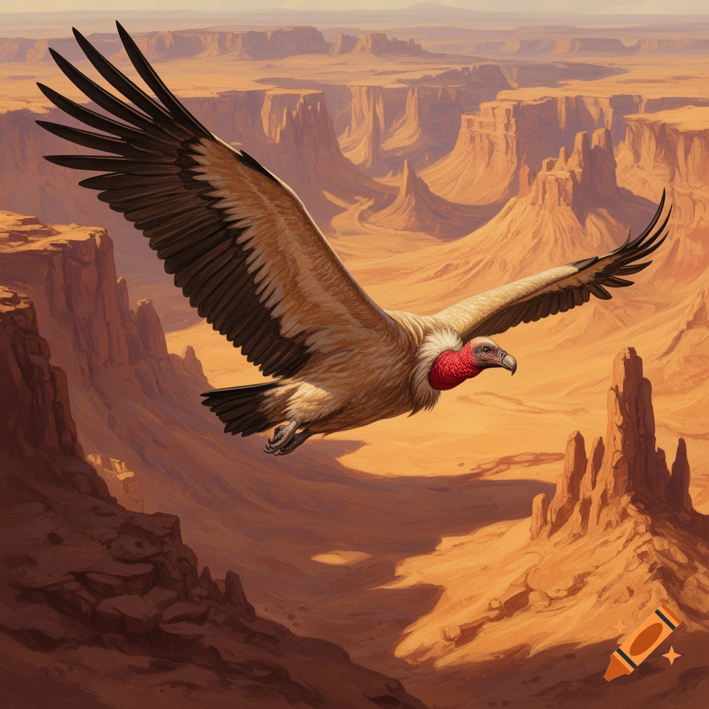 A vulture with a blood-red throat soars gracefully over a vast, sunlit desert canyon, depicted in a paleo art style.