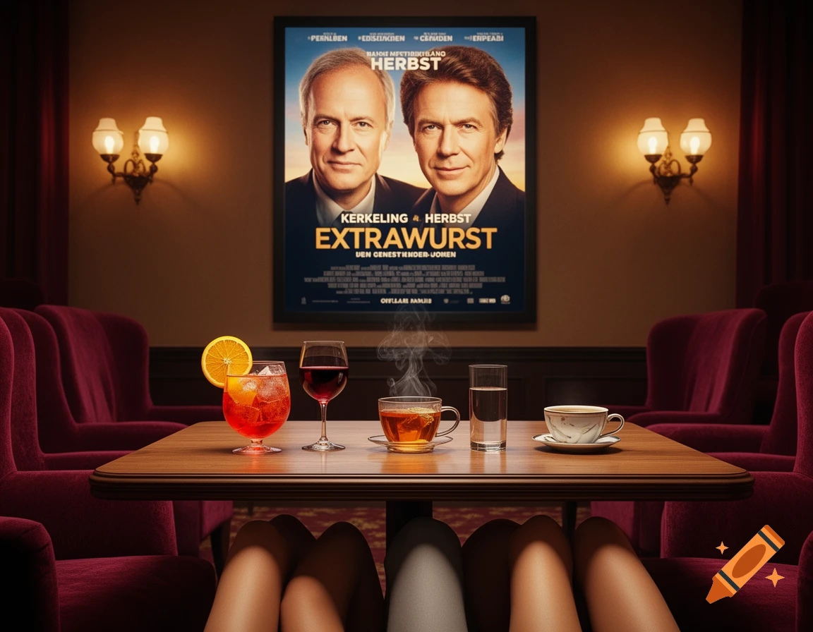 First-person view of a table in a cozy room with an Aperol Spritz, red wine, tea, water, and coffee, with a movie poster on the wall.