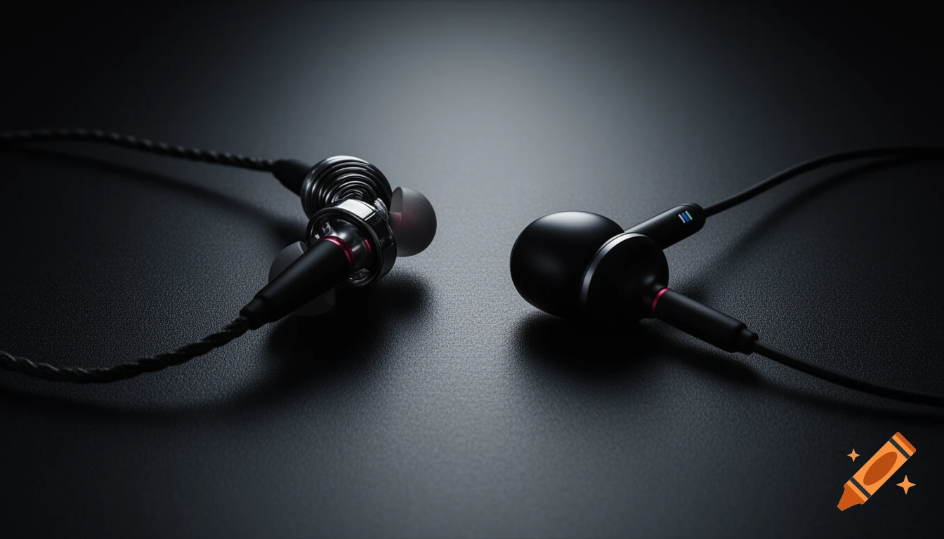 Two high-tech wired and wireless earbuds on a dark textured surface, dramatically lit in a hyper-realistic style.