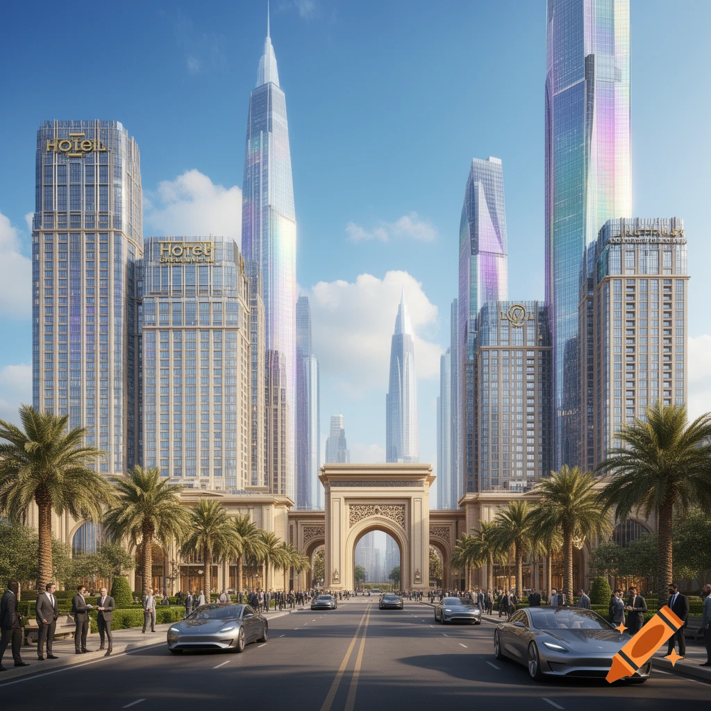 A photorealistic cityscape featuring towering skyscrapers with colorful reflections, modern hotel buildings, a grand arched entrance, palm trees, and luxury cars on a wide road, under a clear blue sky.