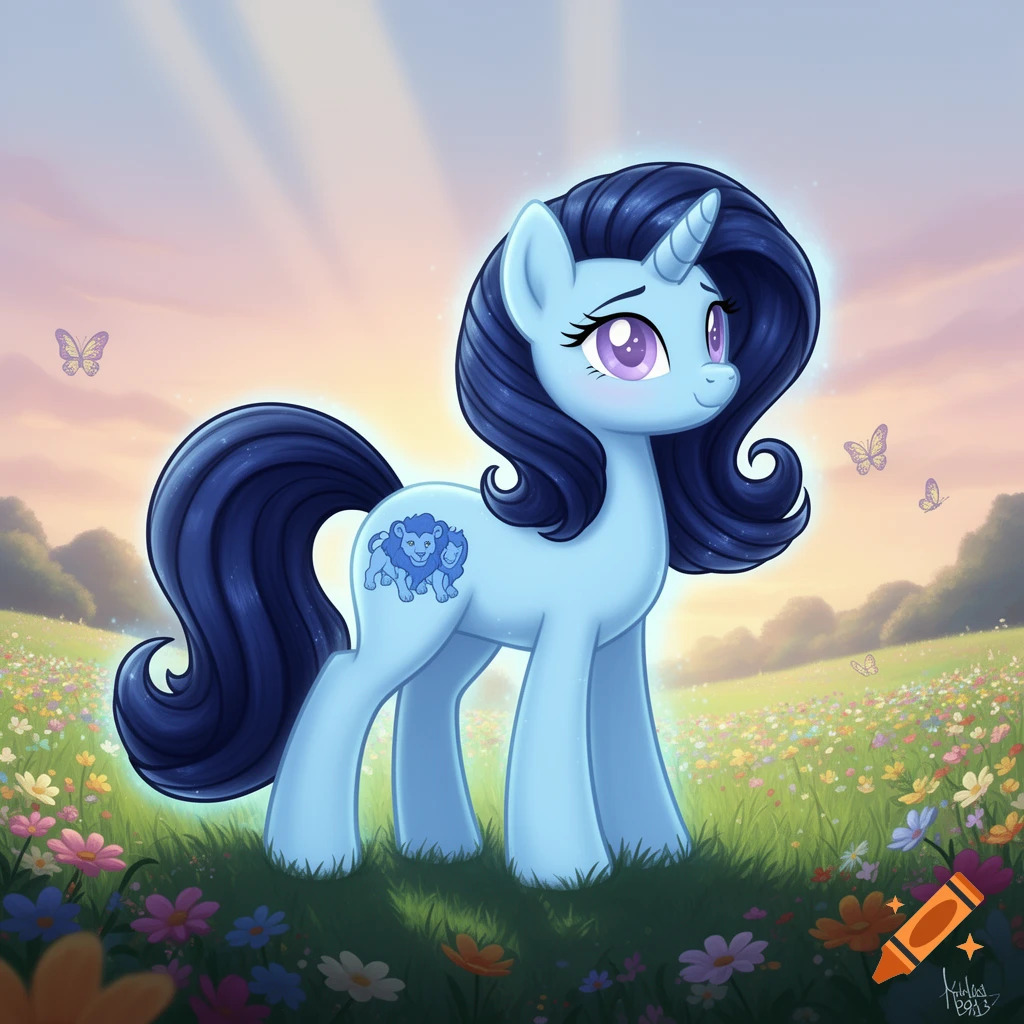 A blue unicorn pony with a dark blue mane and tail, lavender eyes, and a twin blue lion cutie mark stands in a flower field.
