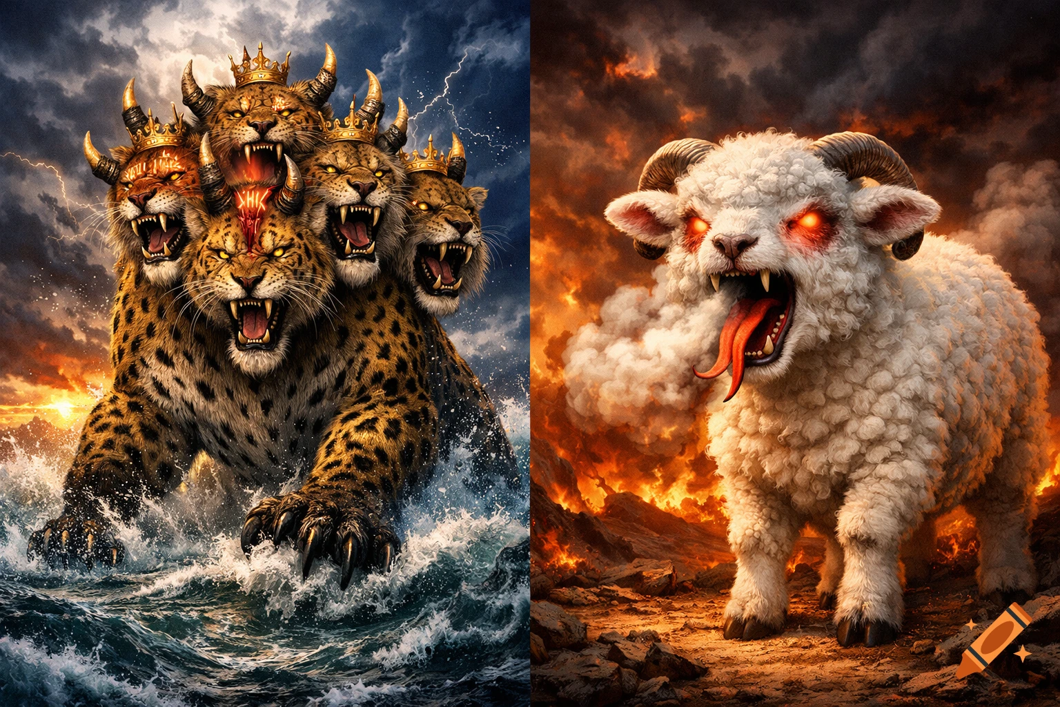 A split image showing a seven-headed leopard-like beast emerging from a stormy sea on the left, and a monstrous, fanged white ram with glowing eyes in a fiery landscape on the right, in a dramatic digital painting style.