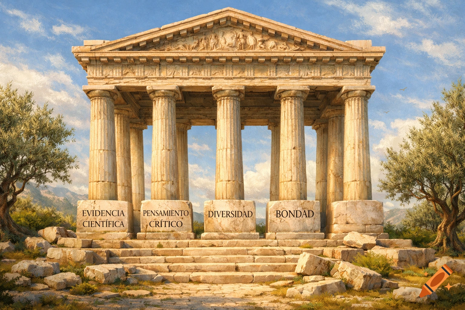 A classical Greek temple with four columns, set against a blue sky with clouds. Four stone bases in front of the columns read "EVIDENCIA CIENTÍFICA", "PENSAMIENTO CRÍTICO", "DIVERSIDAD", and "BONDAD". Olive trees and rocks frame the temple.
