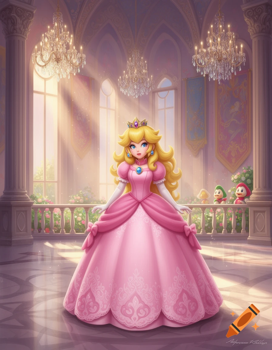 Princess Peach stands in a grand, sunlit castle ballroom with chandeliers and small Toad characters on a balcony.