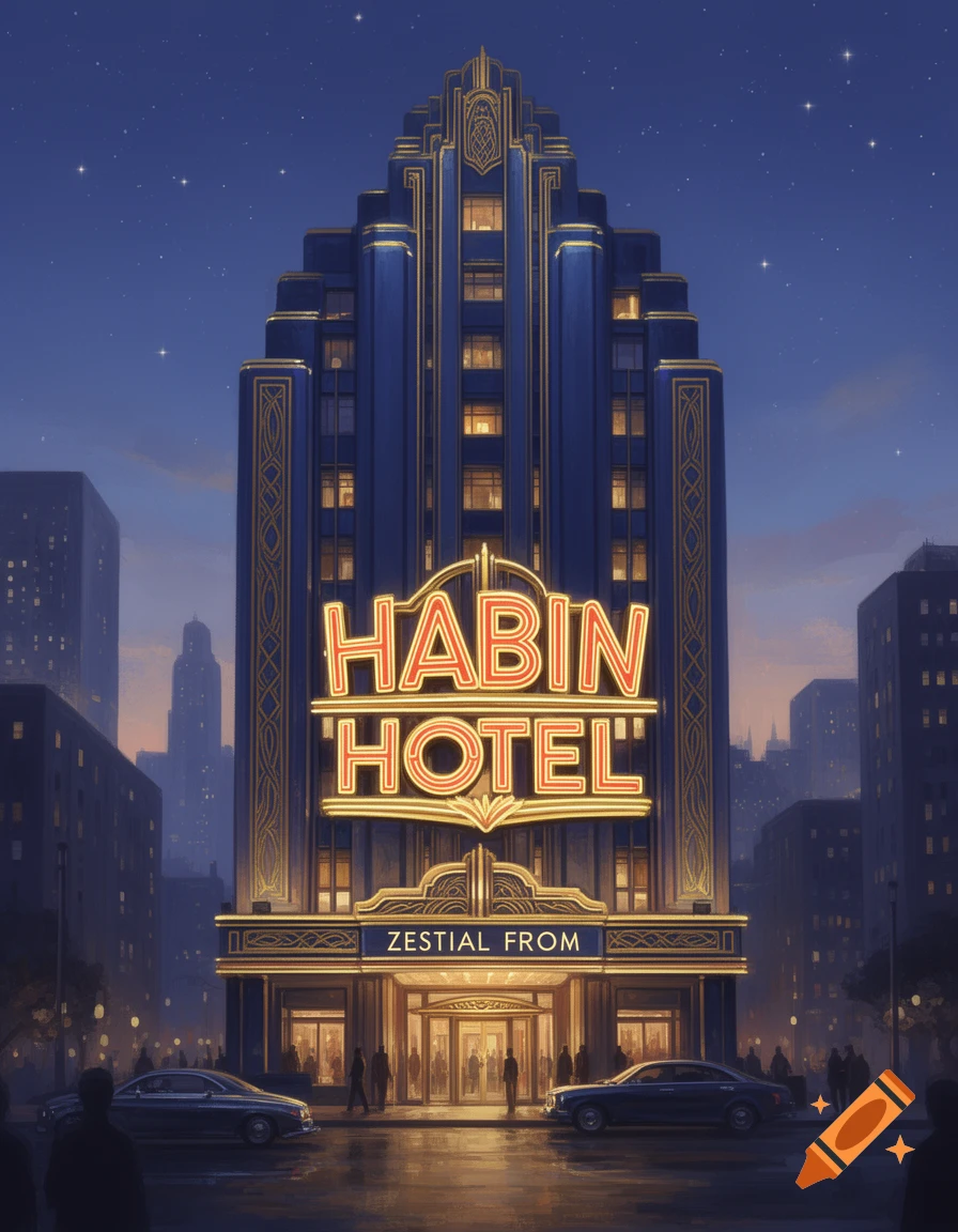 An Art Deco hotel at night, illuminated by neon signs reading 'HABIN HOTEL' and 'ZESTIAL FROM', with cars and people on the street.