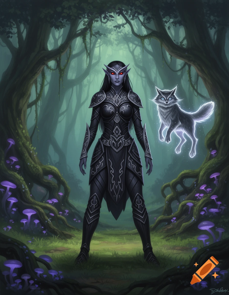 A dark elf huntress with glowing red eyes and black armor stands in a magical forest next to a floating, luminous fox.