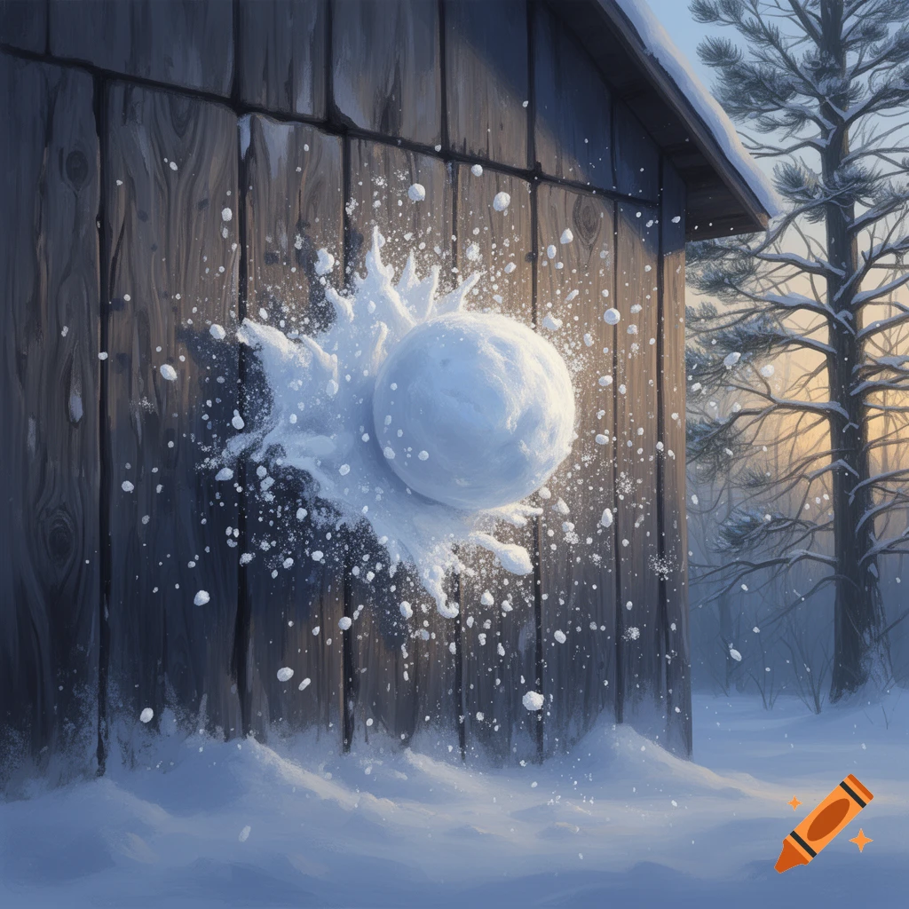 A large snowball splatters against a rustic wooden wall in a snowy winter landscape, sending snow flying.