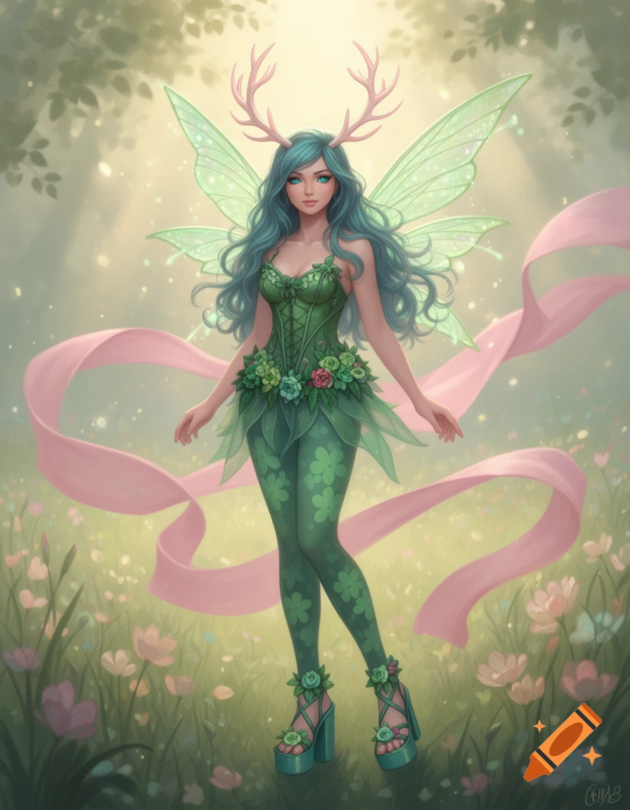 An illustration of a beautiful fae with blue-green hair, antlers, green corset, flower-patterned tights, green wings, and pink ribbons, standing in a magical forest.