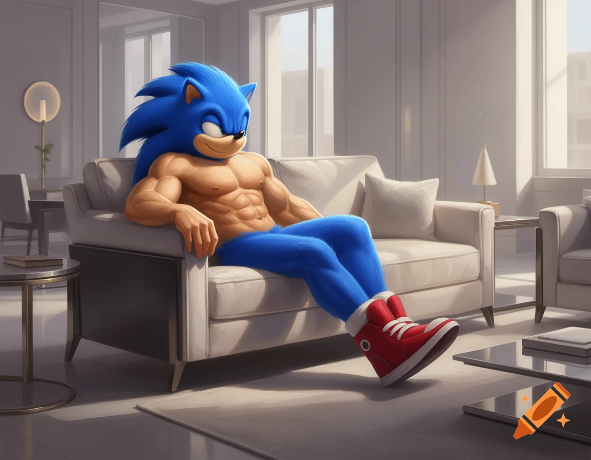 Buff Sonic the Hedgehog with a bare torso, wearing blue pants and red shoes, relaxing on a white couch in a modern living room.