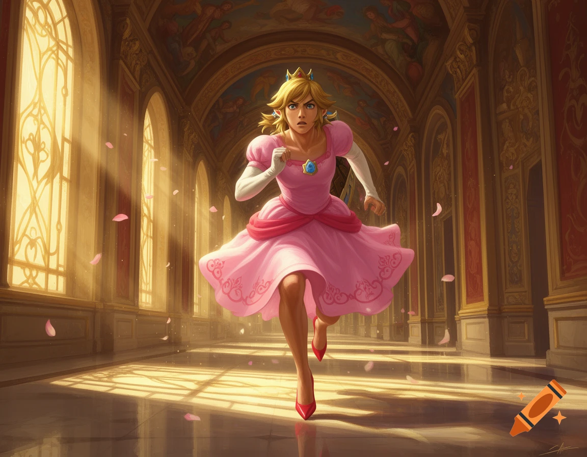 Link dressed as Princess Peach with a worried expression runs through a sunlit, ornate palace corridor with pink petals falling.